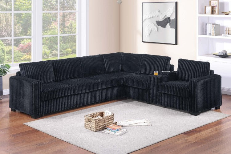 Modern Style L Shape 4Pc Sectional Set Reversible Loveseat Usb Ports Cup Holder Armless Chair Plastic Legs Corduroy Upholstered Black Finish Primary Living Room
