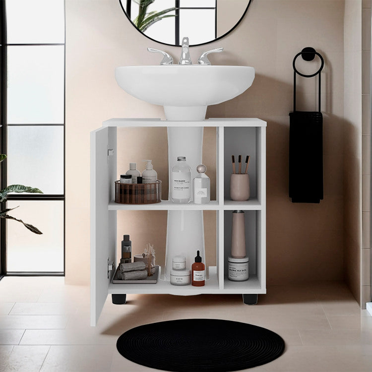 Storage Cabinet 24.4" H, 1 Door, 4 Shelves, 2 Legs, White Bathroom