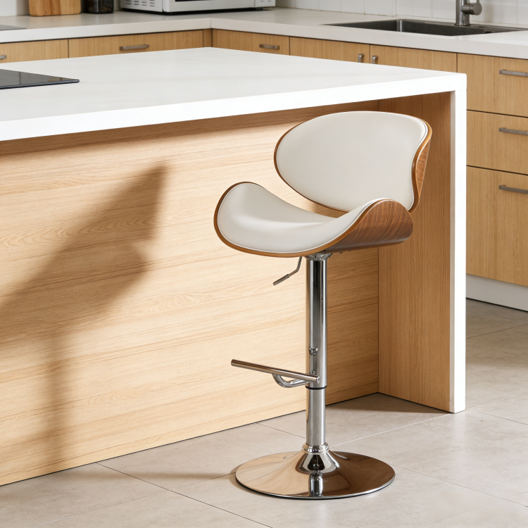Modern Contemporary Swivel Walnut Bentwood Lift Adjustable Height Bar Stool With Curved Seat And Back White