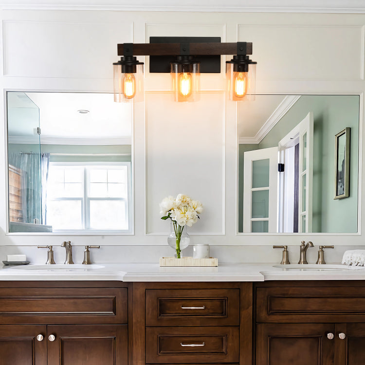 19" Rustic 3 Light Vanity Light, Industrial Bathroom Wall Sconce With Glass Shades And Wood Accent, Modern Farmhouse Lighting Fixture No Bulbs