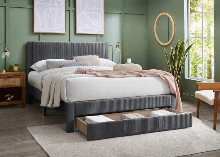 Contemporary 1Pc Queen Size Bed W Storage Drawer Charcoal Corduroy Texture Design Platform Bedframe