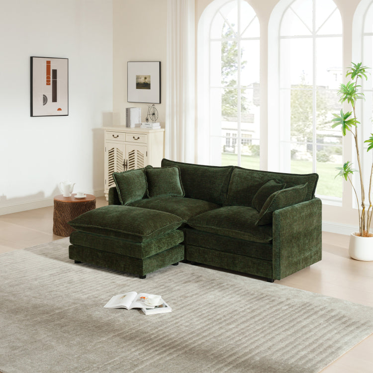 Chenille Two Seater Sofa With 1 Footrest, 2 Seater L Shaped Sectional With Ottoman,Loveseat With Ottoman For Small Living Space, Green Chenille