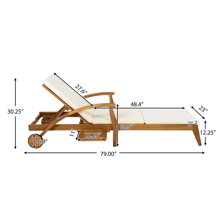 Chaise Lounge With Wheel Acacia Wood Recliner For Patio Garden, With 2Inch White Cushion, 4 Position Adjustable Backrest, Versatile Outdoor Furniture