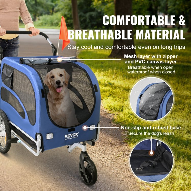Dog Bike Trailer, Supports Up To 100 Lbs, 2 In 1 Pet Stroller Cart Bicycle Carrier, Easy Folding Cart Frame With Quick Release Wheels, Universal Bicycle Coupler, Reflectors, Flag, Blue Black