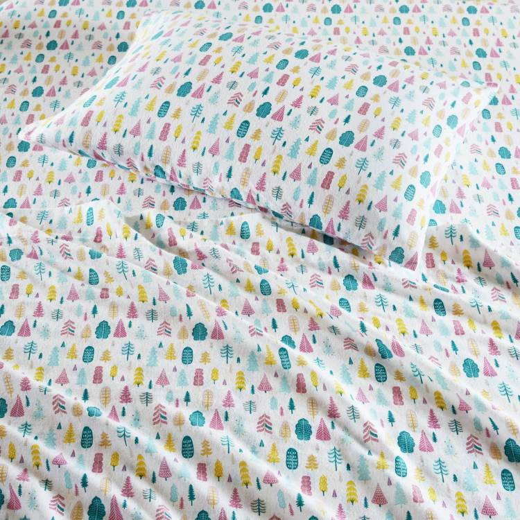 4 Pcs Queen Cotton Printed Sheet Set White Holiday Trees