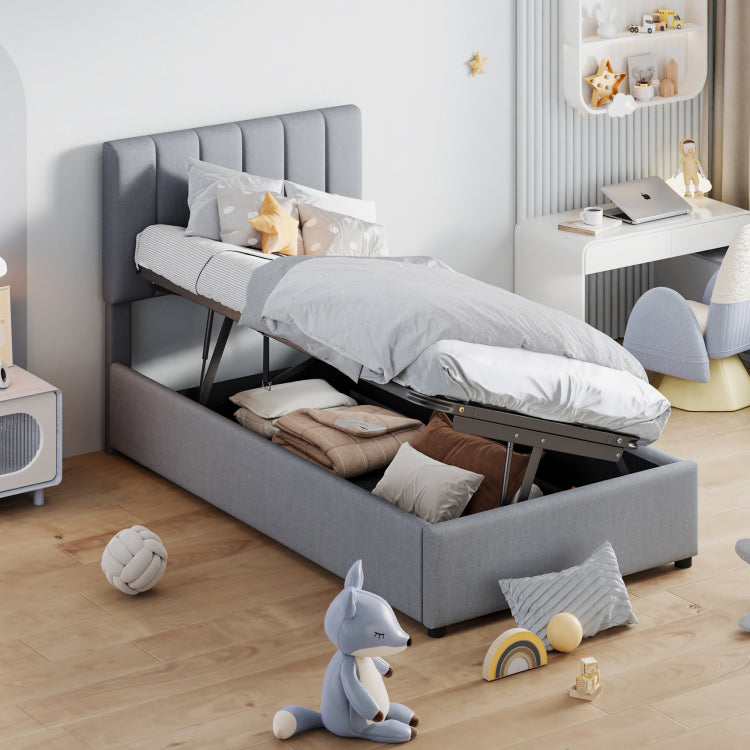 Twin Size Upholstered Platform Bed With A Hydraulic Storage System, Gray