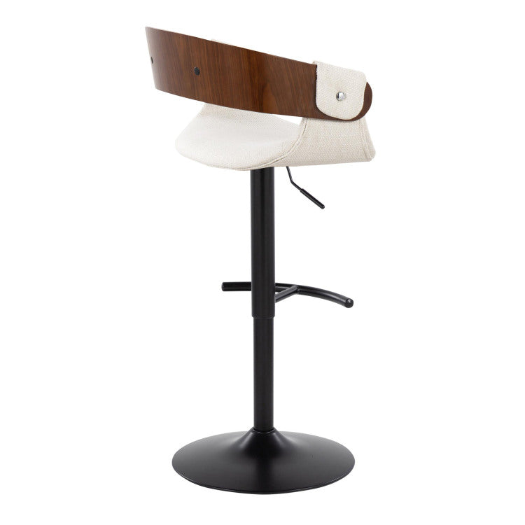 Elisa Mid Century Modern Adjustable Barstool With Swivel In Black Metal, Walnut Wood And Cream Fabric With Rounded T Footrest By Set Of 2