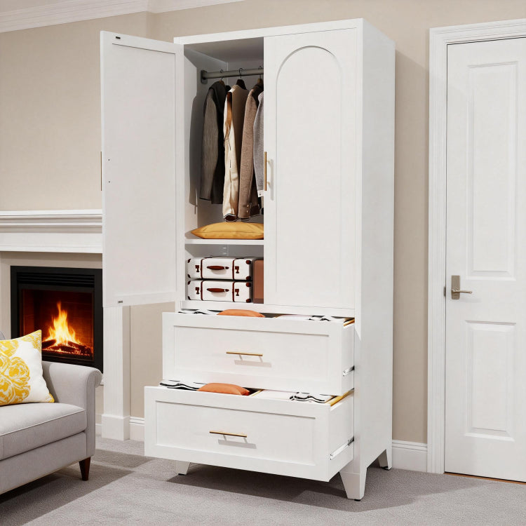 71" Tall Metal Wardrobe Cabinet With 2 Drawers And Hanging Rod, 2 Doors Wardrobe Closet With Shelf For Bedroom, Office, Laundry Room,Entryway ,Foyer,Guesthouse White