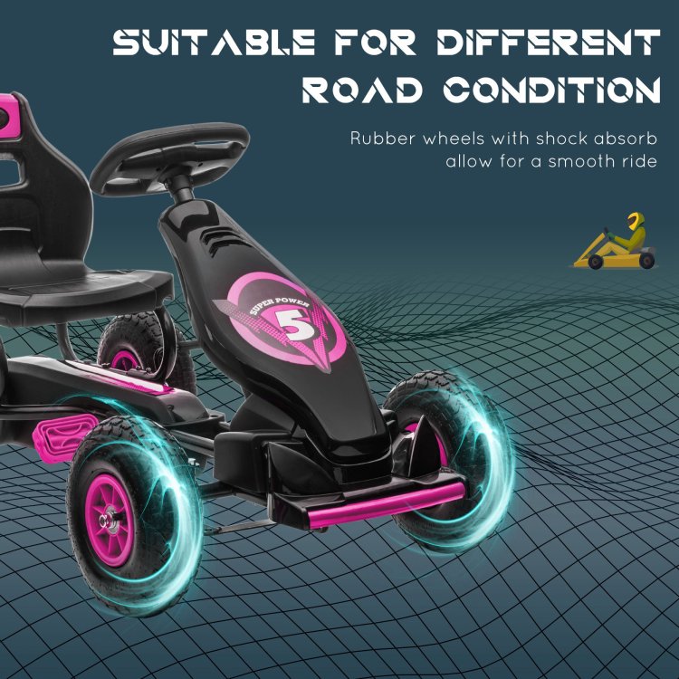 Aosom Kids Pedal Go Kart Ride On Toy With Ergonomic Comfort, Pedal Car With Tough, Wear Resistant Tread, Go Cart Kids Car For Boys & Girls With Suspension System, Safety Hand Brake, Ages 5 12, Pink