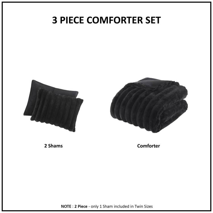3 Pcs King Soft Faux Fur Ribbed Comforter Set Black