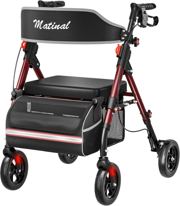 Matinal Foldable Rollator Walkers With Seat For Seniors, 350 Lb Capacity, 8'' Big Wheels, 6 Position Height, Premium Hybrid Rolling Walker Aluminum And Carbon Steel Burgundy
