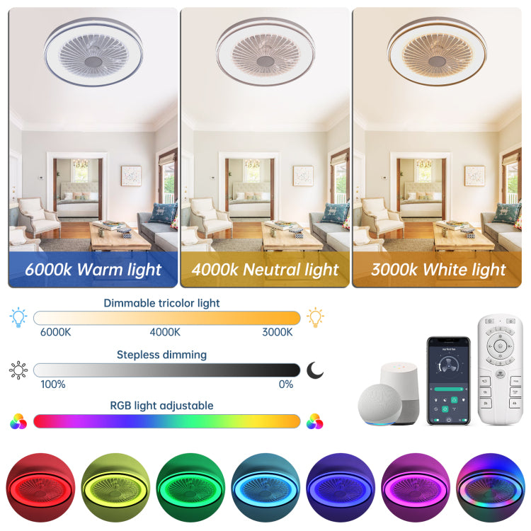 19 Inch Rgb Dimmable Led Enclosed Flush Mount Bladeless 6 Speed Remote Control For Bedroom Party