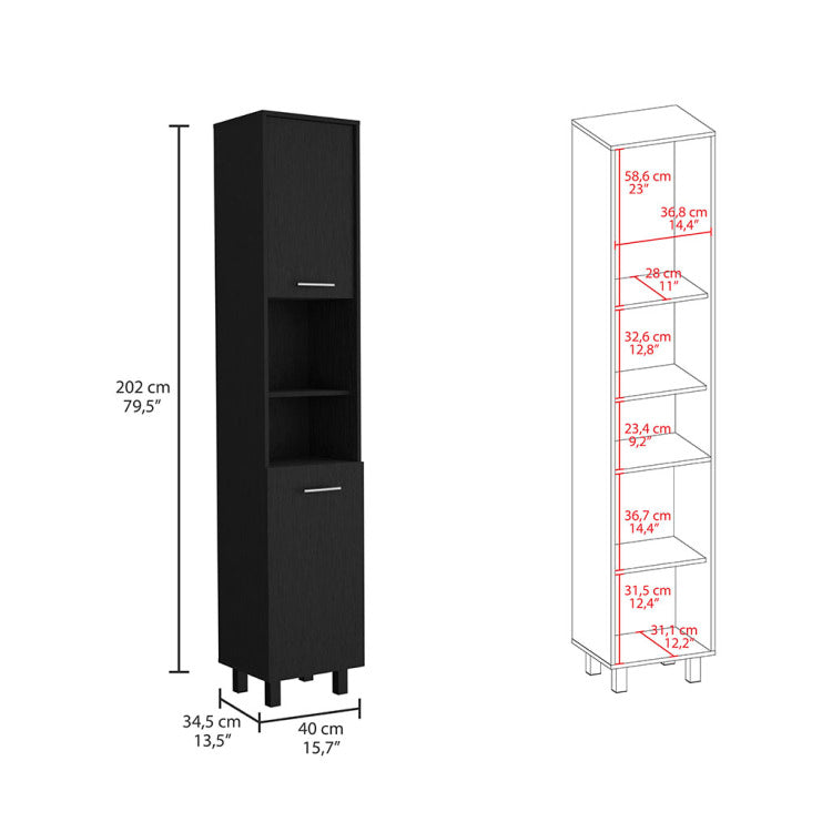 Hobart Pantry, Four Legs, Three Interior Shelves, Two Shelves, Two Cabinets Black