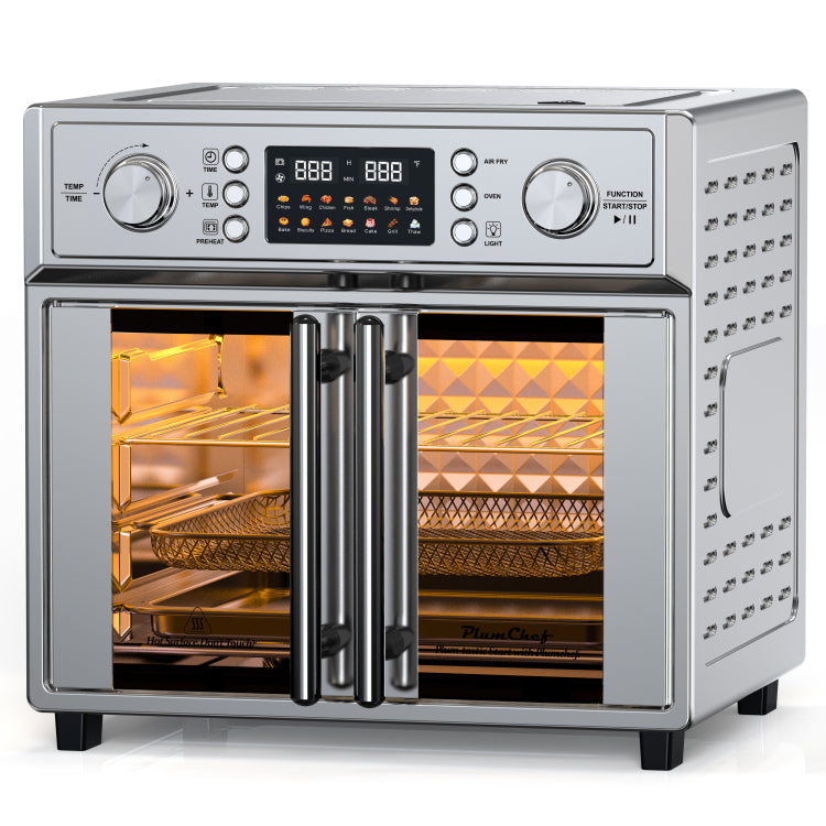 Plumchef 26Qt Large Capacity French Double Door Air Fryer Convection Toaster Oven, 1700W, 14 Preset Menus, 7 In 1 Multi Function Bake, Roast, Gril,Toast,Dehydrate&Defrost , Stainless Steel,Silvery