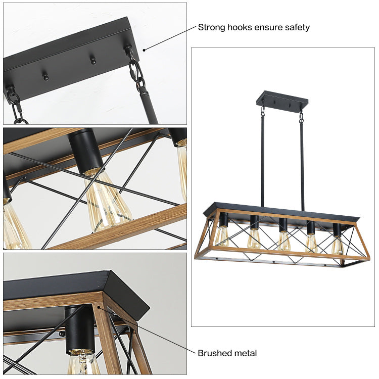32" Walnut Industrial 5 Light Pendant Chandelier, Modern Metal Cage Design, Adjustable Hanging Light For Dining Room, Kitchen, Living Room No Bulbs