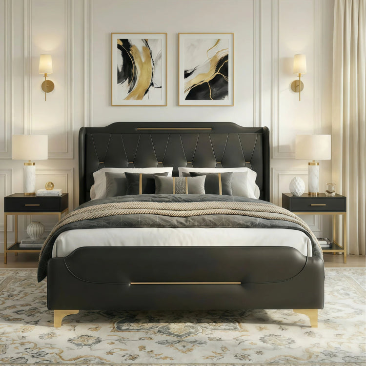 Modern Upholstered Bed Frame, Queen Size Platform Bed With Wingback Headboard, Pu Leather Upholstery, No Box Spring Needed, Noise Free, Easy Assembly, Heavy Duty Bed Frame For Bedroom,Black