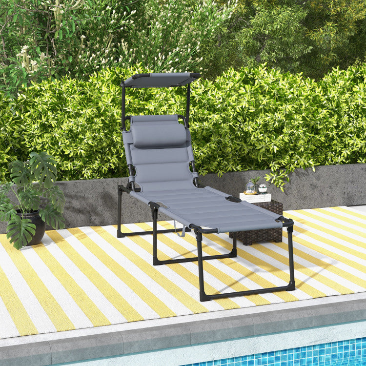 Outsunny Outdoor Lounge Chair, Adjustable Backrest Folding Chaise Lounge, Cushioned Tanning Chair W Sunshade Roof & Pillow Headrest For Beach, Camping, Hiking, Gray