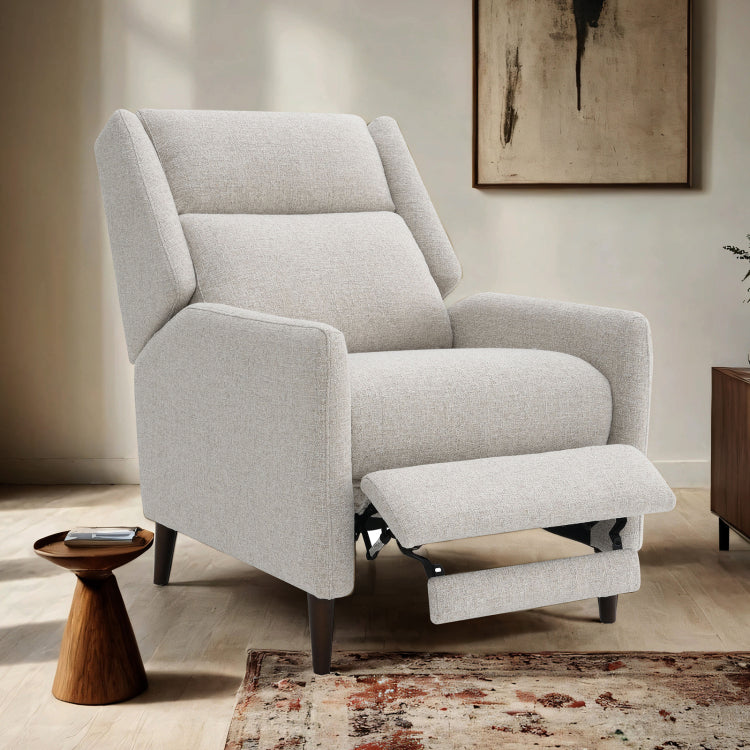 Mid Century Modern Pushback Manual Recliner Tapered Legs Linen Textured Fabric High Back Subtle Channel Detail Beige Finish Primary Living Room