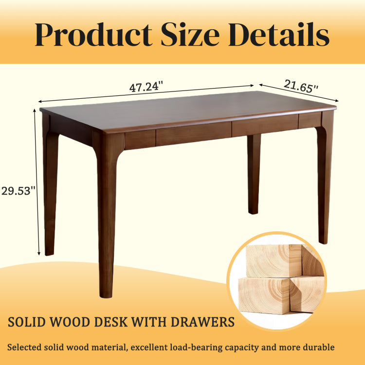 Solid Wood Desk With Drawers, Standing Desk With Smooth Edges, Home Office Desk For Small Spaces, Mid Century Modern Desk For Study, Bedroom, Living Room, Office, Walnut, 47.24''*21.65''*29.53''