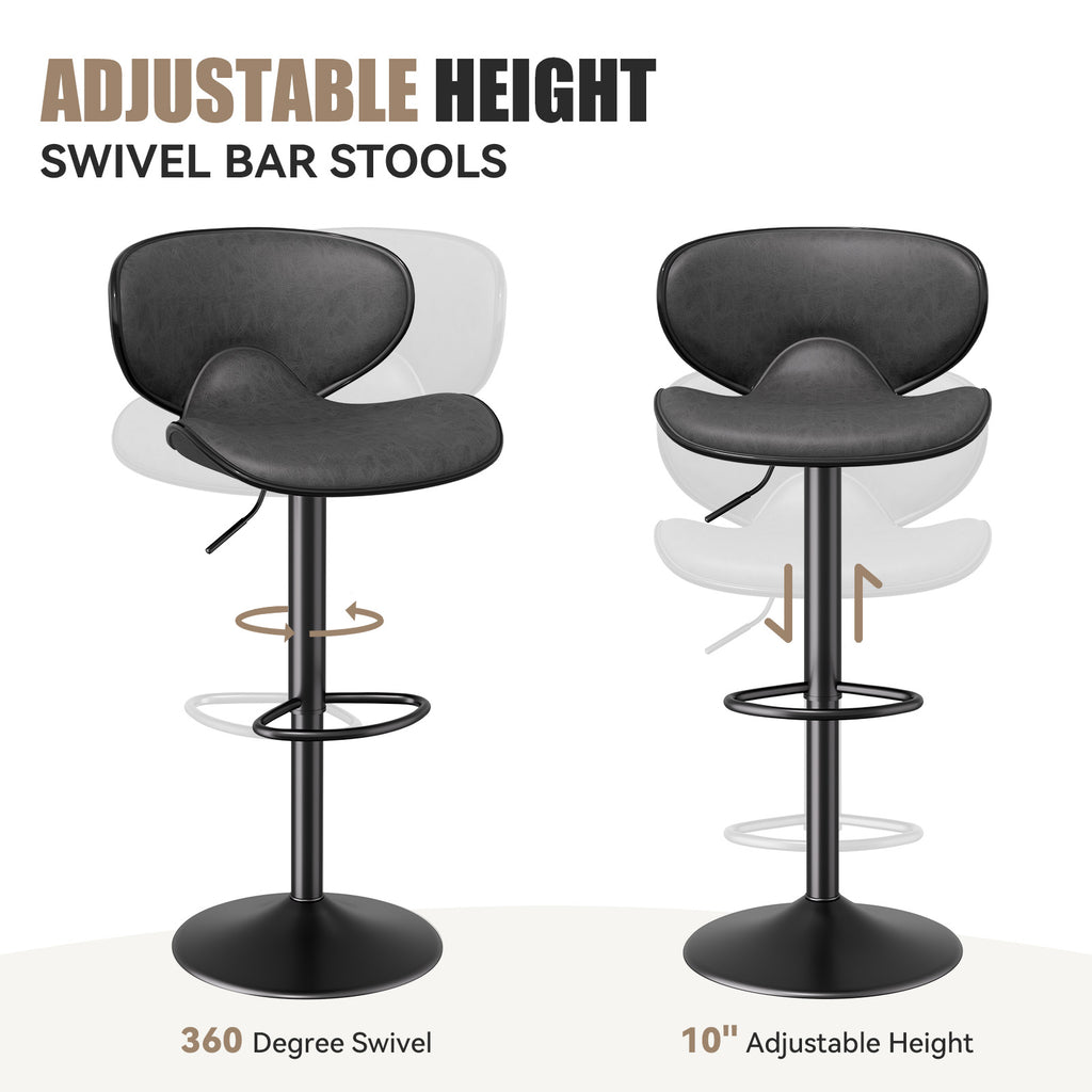 Bar Stools Set Of 2, Faux Leather Bar Stools With Back, Chic Swivel Counter Stools With Footrest, Adjustable Kitchen Stools For Kitchen And Bars, Black