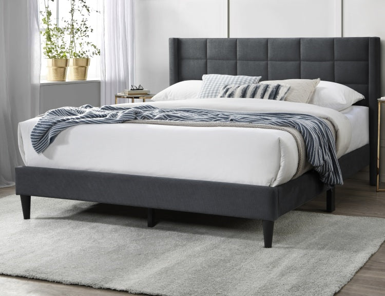 Elegant Modern Charcoal Brushed Linen 1Pc Queen Size Bed Upholstered Box Design Headboard Bedframe