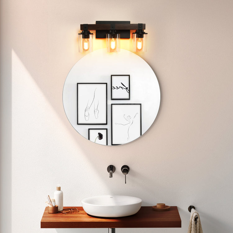 19" Rustic 3 Light Vanity Light, Industrial Bathroom Wall Sconce With Glass Shades And Wood Accent, Modern Farmhouse Lighting Fixture No Bulbs