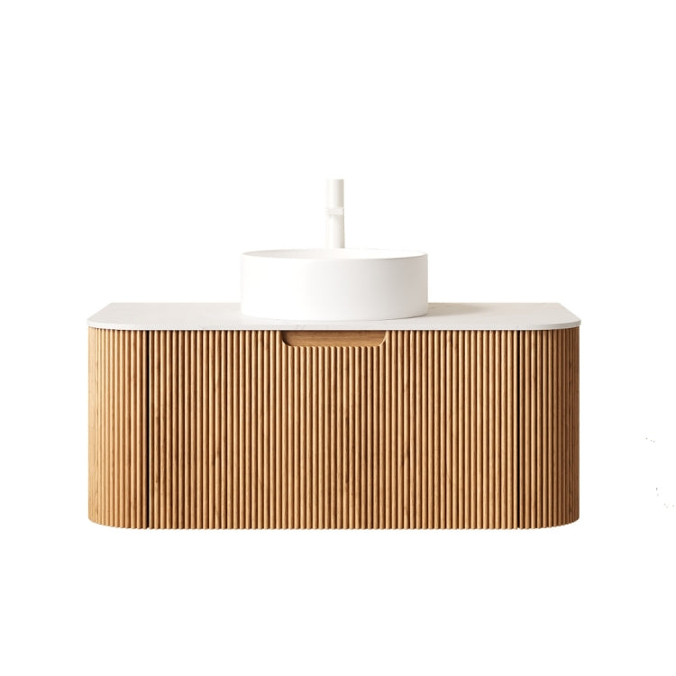 Dina 36" Bathroom Vanity&Sink, Floating Curved Edges Striped Bathroom Storage Cabinet With Drawer, White Round Ceramic Basin&Carrara White Artificial Marble Top, Pre Assembled, Natural Woodgrain