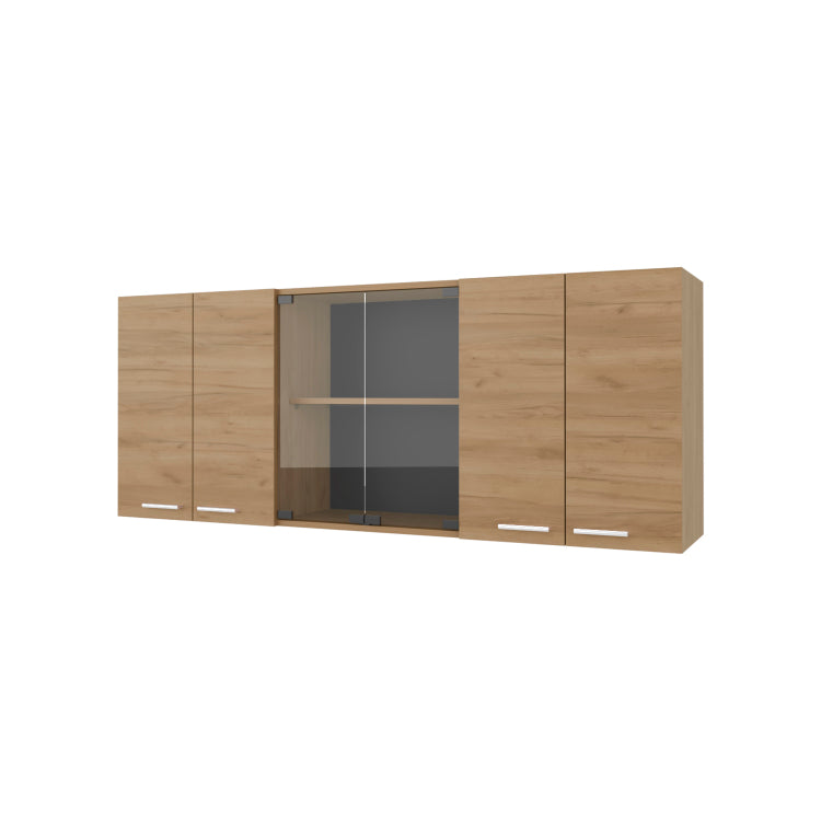 Lydia Wall Cabinet Kitchen In Melamine Wit 4 Doors And Glass Storage, Natural Oak