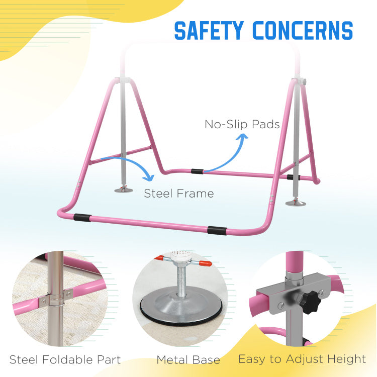 Qaba Folding Gymnastics Bar For Kids With Shock Absorption, Adjustable Gymnastics Horizontal Bar, Gymnastics Kip Bar For Home Use, Pink