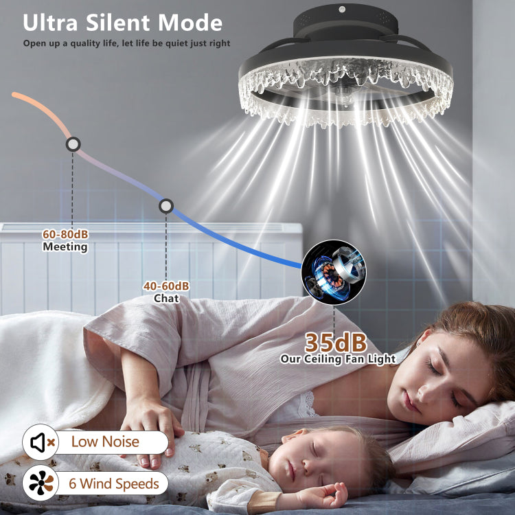 Smart Silent Elegant Black With Light 16 Inch Flush Mount Led Chandelier With 5 Invisible Blades, Remote Control & Timer, Dimmable Lighting For Bedroom, Living Room, Dining Room