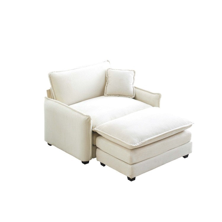 Single Deep Seat Sofa With Footstool With One Pillow, Suitable For Living Room And Bedroom, Club Multiple Occasions,White Corduroy