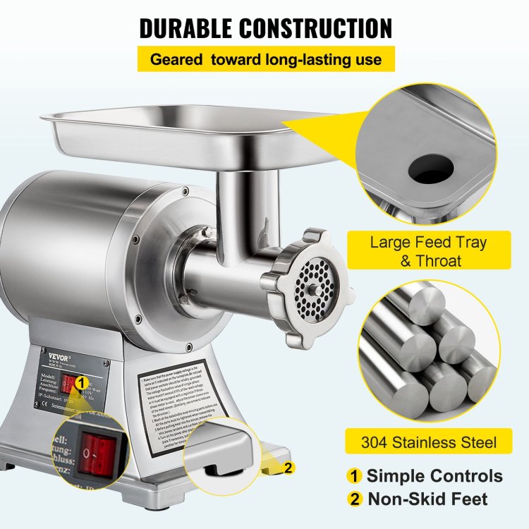 Commercial Meat Grinder,550Lb H 1100W Electric Meat Grinder, 220 Rpm Heavy Duty Stainless Steel Industrial Meat Mincer W 2 Blades, Grinding Plates & Stuffing Tubes