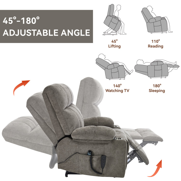 Brown Dual Motor Infinite Position Up To 350 Lbs Chenille Power Lift Recliner Chair, Heavy Duty Motion Mechanism With 8 Point Vibration Massage And Lumbar Heating, Dual Cup Holders