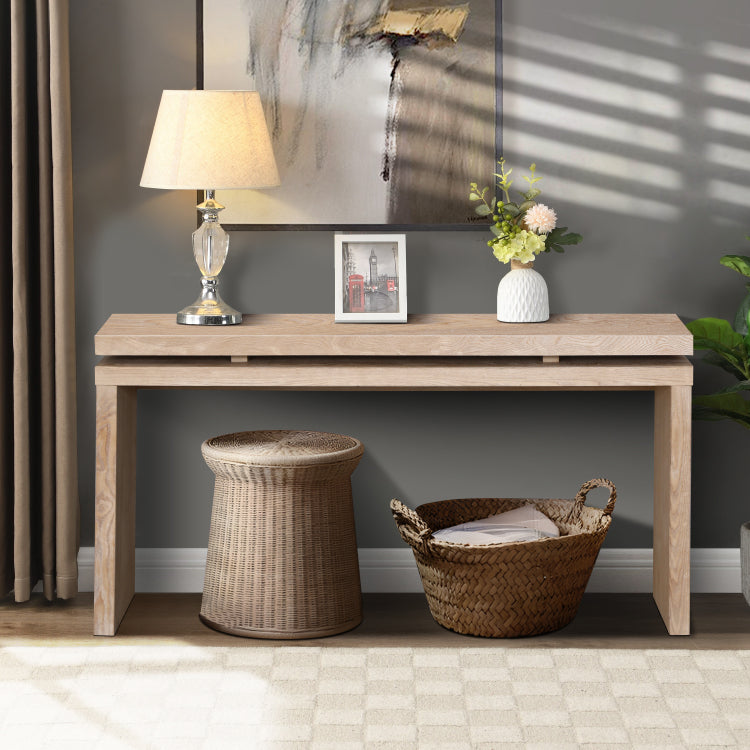 60'' Antique Natural Farmhouse Console Table Retro Wooden Entryway Table With Double Board Suspension Design, Solid Wood & Mdf, Sofa Table For Living Room