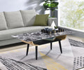 Lorenzo 47"W Coffee Table With Glass Black Marble Texture Top And Bent Wood Design