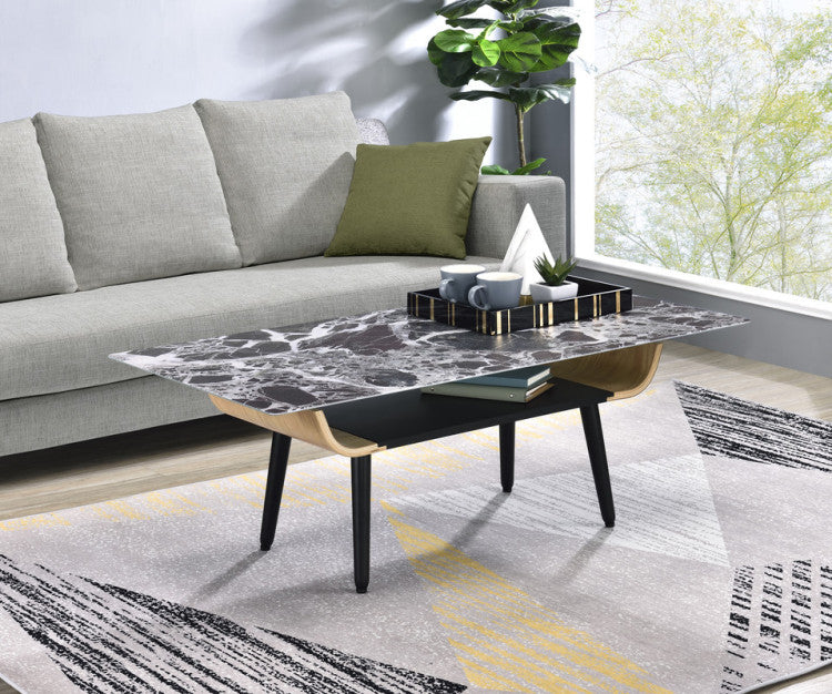 Lorenzo 47"W Coffee Table With Glass Black Marble Texture Top And Bent Wood Design