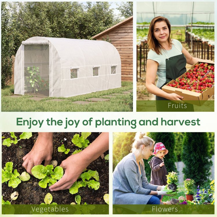 Outsunny 15' X 7' X 7' Walk In Tunnel Greenhouse, Large Garden Hot House Kit With 6 Roll Up Windows & Roll Up Door, Steel Frame, White
