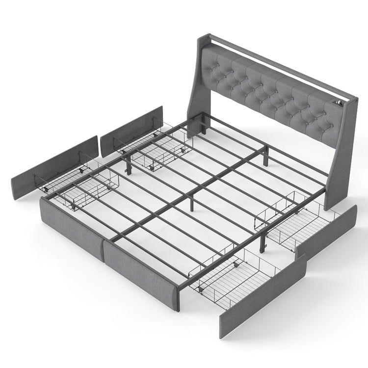 Queen Metal Platform Bed Frame Grey, Storage Headboard With Rgb Led & Charging Station