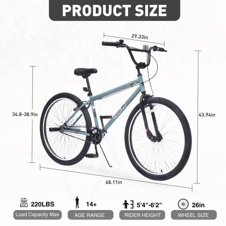 26 Inch Freestyle Bike For Teens, Steel Frame Single Speed Bicycle With 2 Pegs , Front Caliper Brake And Rear V Brake, Bicycle For Boys And Girls Ages 14