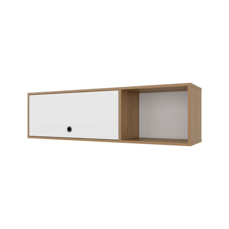 Roslyn Wall Mounted Cabinet With Lift Up Door, Open Compartments, Natural Oak And White
