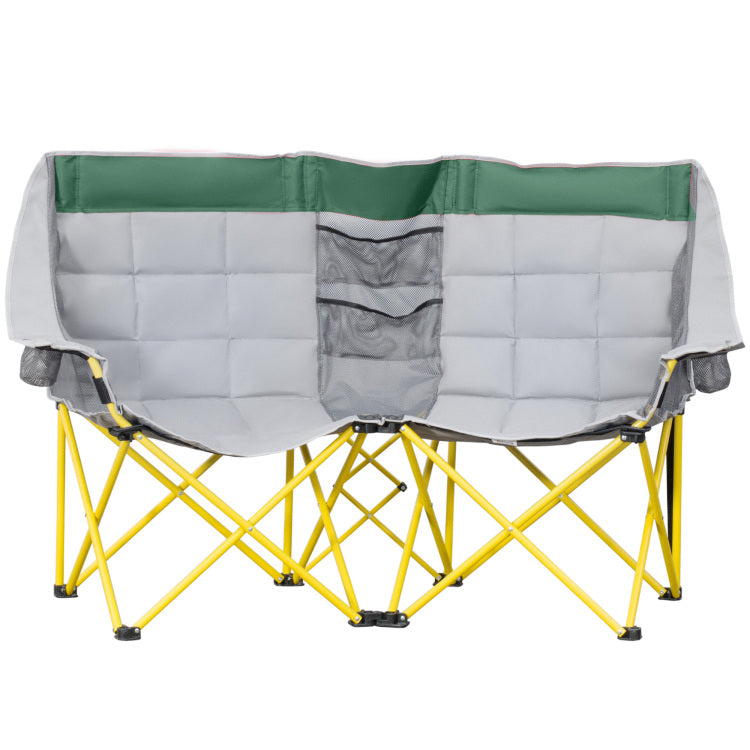 Outsunny Loveseat Style Camping Chair, Oversized Folding Lawn Chair With Carry Bag & Cup Holders, For Outdoor, Beach, Picnic, Hiking, Travel, Green & Gray