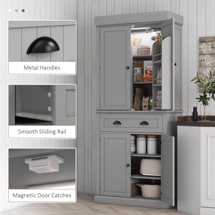 Modern Style Kitchen Pantry Cabinet With Led Lights,Door Shelves,Drawer And Adjustable Shelves