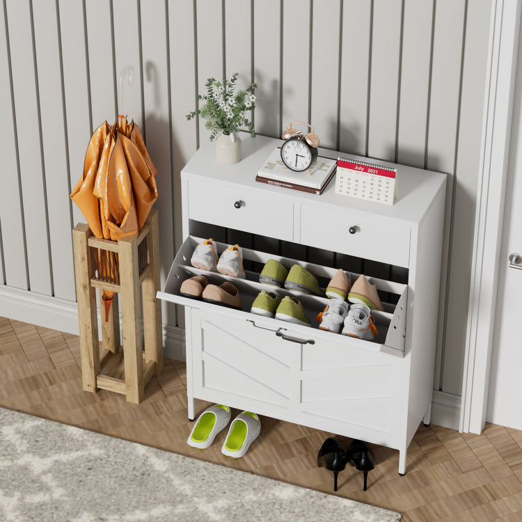 Shoe Cabinet With 2 Flip Drawers And 2 Drawers, Slim Metal Entryway Storage Cabinet, Freestanding 31.5"W X 40.75"H White Organizer With Anti Tip Device