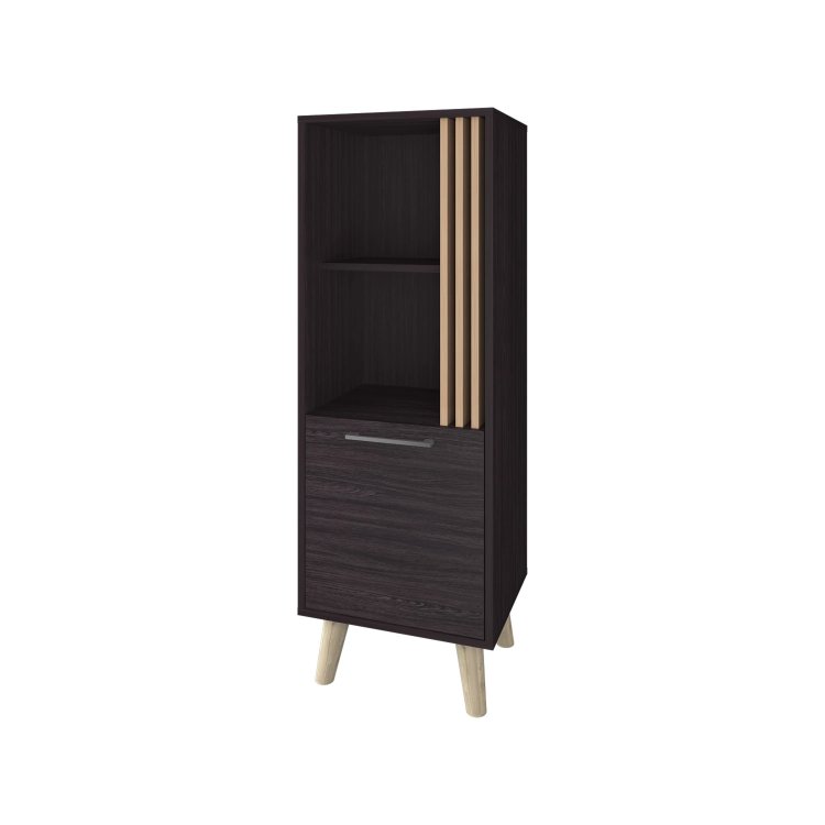 Wengue And Natural Oak Storage Cabinet With A Door And Open Storage