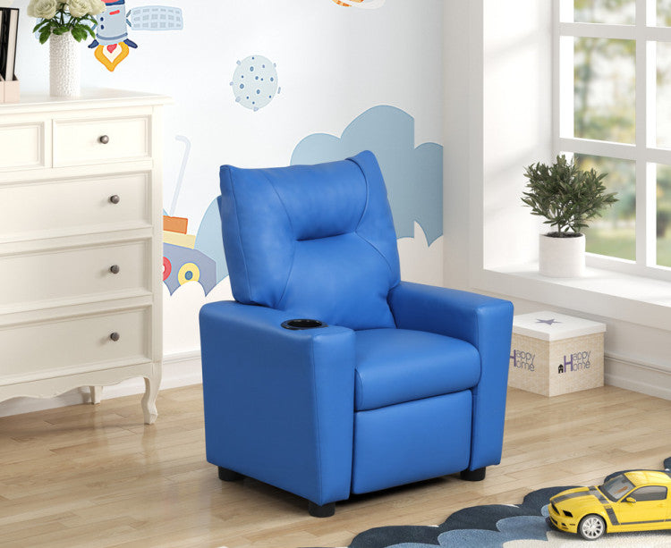 Evelyne 23"W Blue Pu Leather Kids Recliner Chair With Cupholder