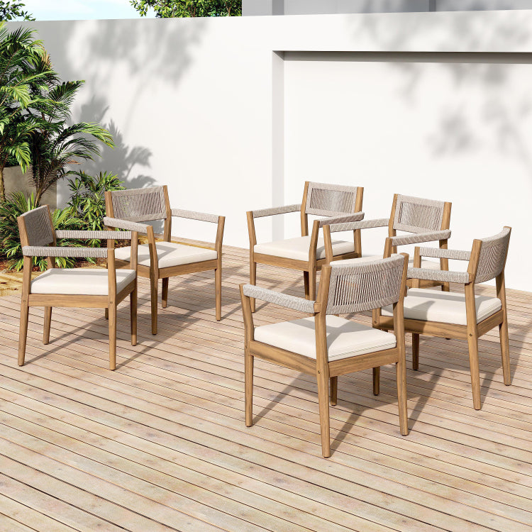 Braided Acacia Wood Outdoor Dining Chairs Set Of 2 Teak Look With Beige Rope & Cream Cushions, Armrests All Weather Patio Furniture For Garden, Poolside, And Backyard Durable & Stylish