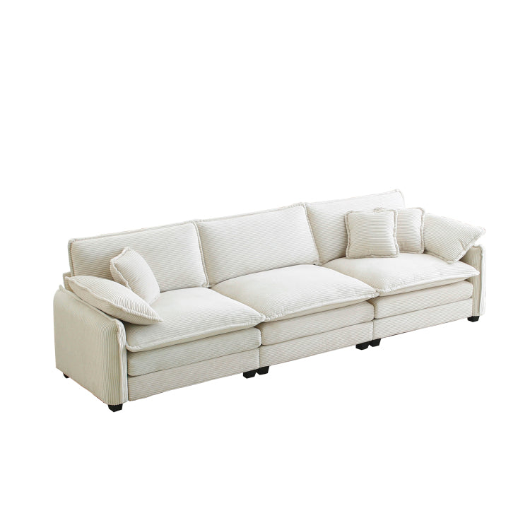 Mid Century Modern 3 Seater Sectional Sofa With 2 Arm Pillows And 3 Throw Pillows, Beige Corduroy Fabric