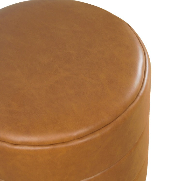 Sem Round Accent Ottoman, Brown Channel Tufted Faux Leather 18 Inch