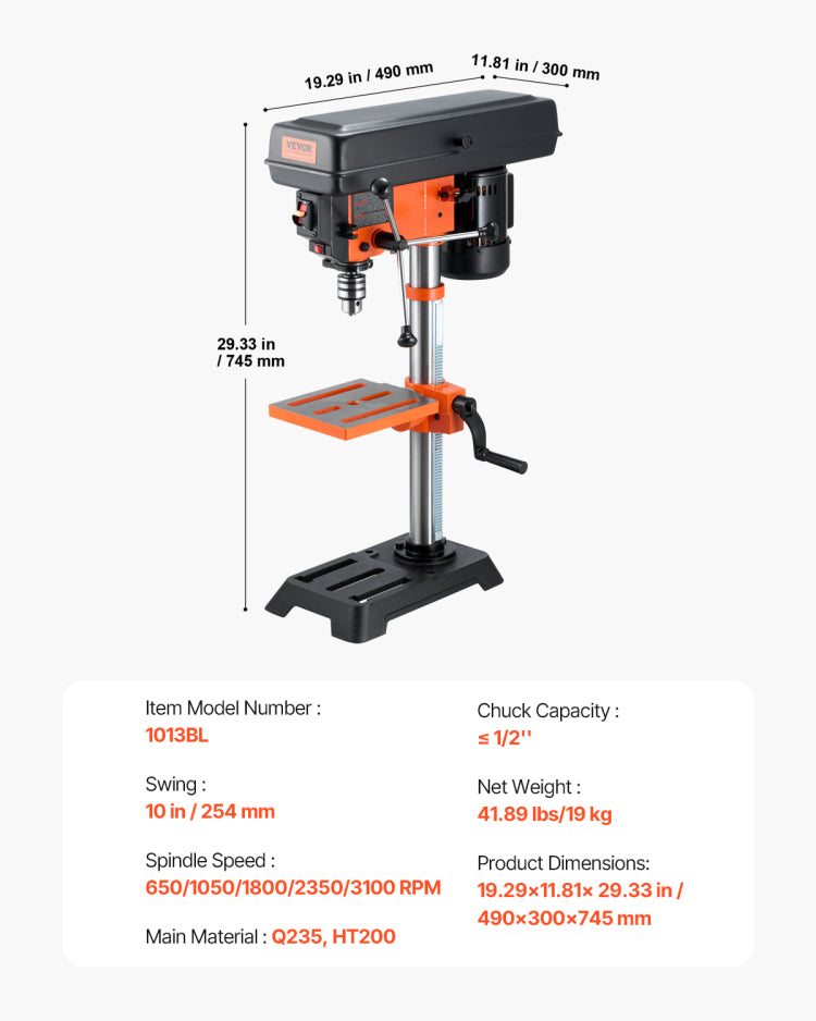10'' 5 Speed Benchtop Drill Press Cast Iron Drill Press 3.2A 610 2800Rpm