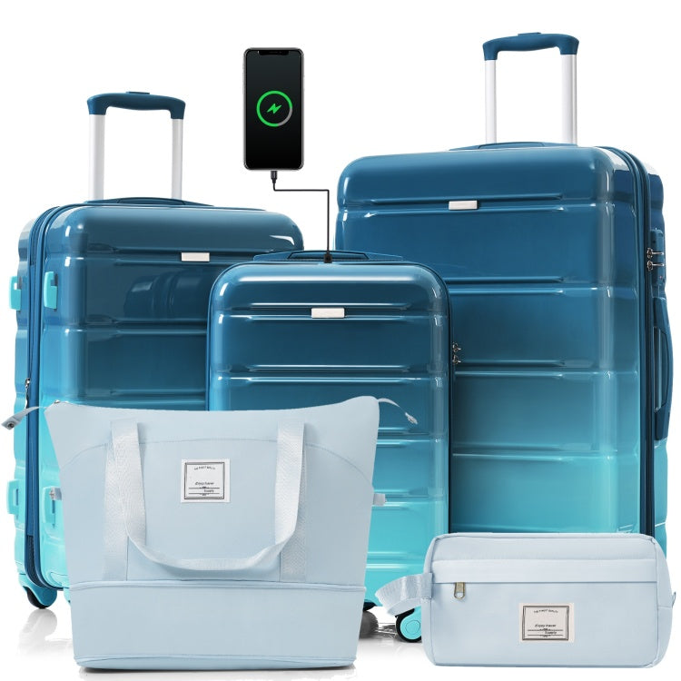 Luggage Sets 5 Piece, 20 Inch With Usb Port, Abs Durable Suitcase With Travel Bag, Abs Pc Hard Shell Luggage With Spinner Wheels, Blue